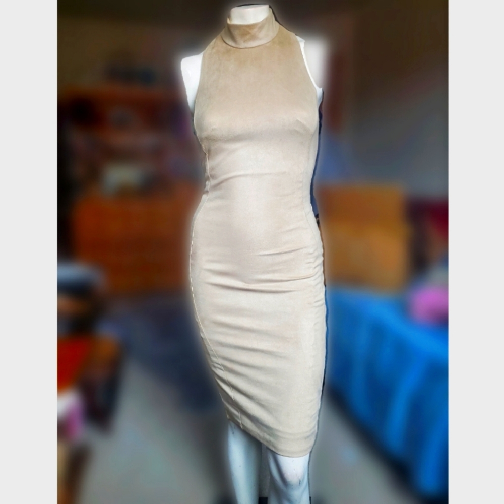 Tan suede halter neck bodycon dress, professional classy GAEA Los Angeles size M